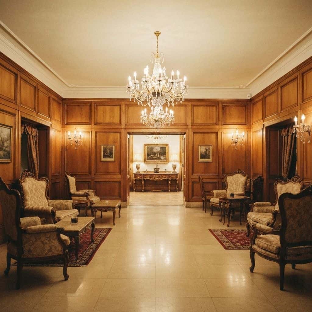 Classic luxury hotel lobby with traditional furniture and elegant upholstered seating