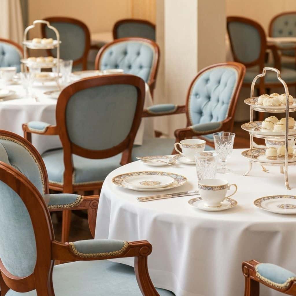 Grand luxury tea room with ornate chandeliers and elegant furnishings