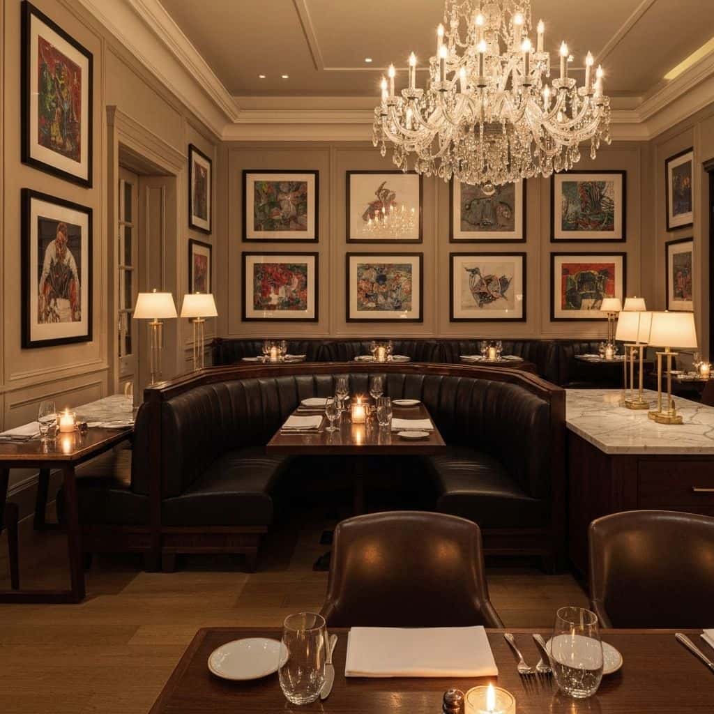 Sophisticated restaurant interior with gallery wall and luxury banquette seating